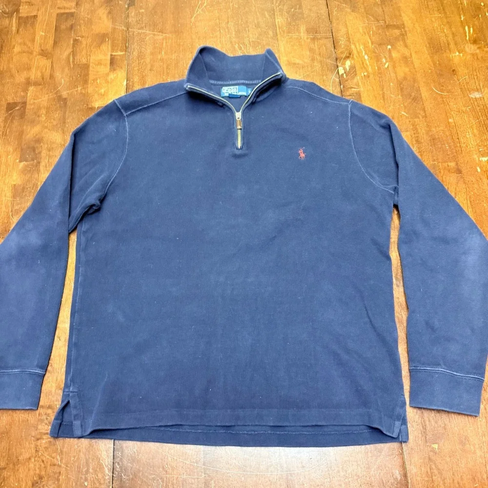 VTG Polo Ralph Lauren 1/4 Zip Pullover Mens L Navy Blue Cotton Pony Logo Sweater